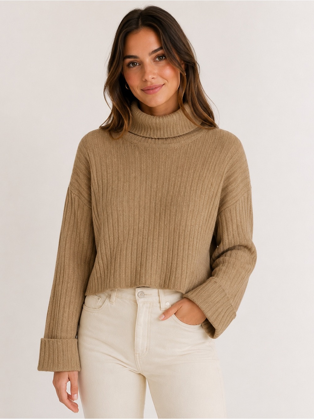 NO COMMENT WOMENS BEIGE RIBBED TURTLENECK SWEATER WIDE SLEEVES
SIZE LARGE